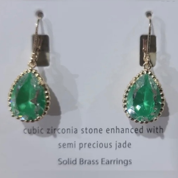 Green & Gold-tone Cubic Zirconia Pear Cut Jade Drop Earrings - Picture 2 of 3